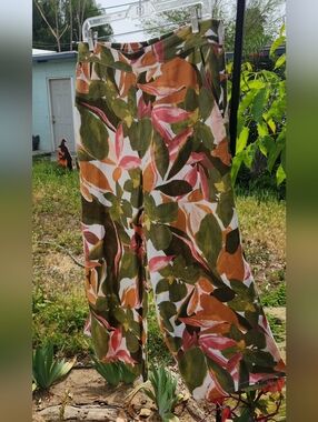 Tahari Linen Pants Size L Cropped Wide Leg Colorful Tropical Print Elastic Waist